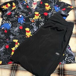 Disney Winnie the Pooh Women's Scrub Top and Black Scrub Pants Set